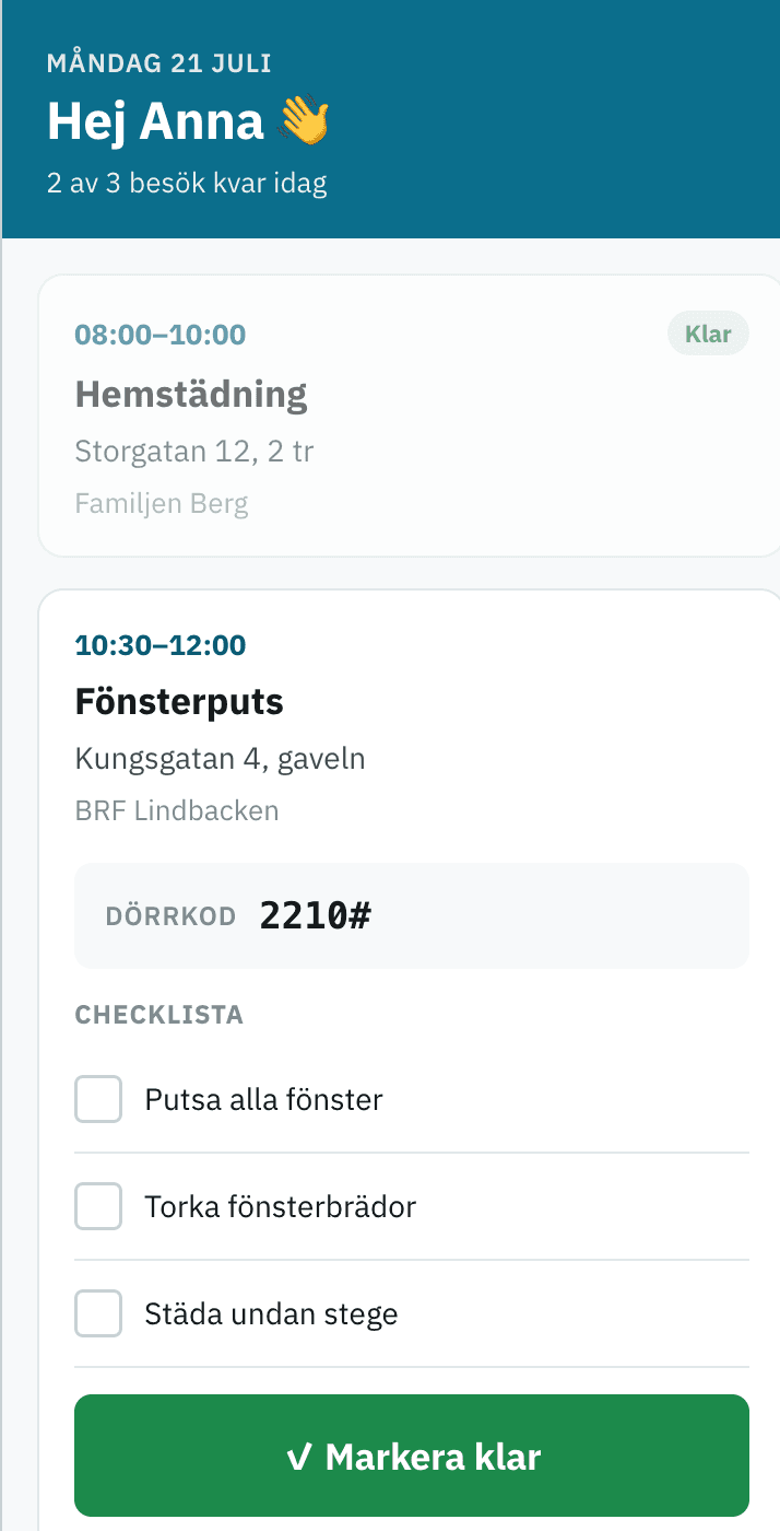 The Verkra crew view on a phone, showing the day, the door code and a checklist